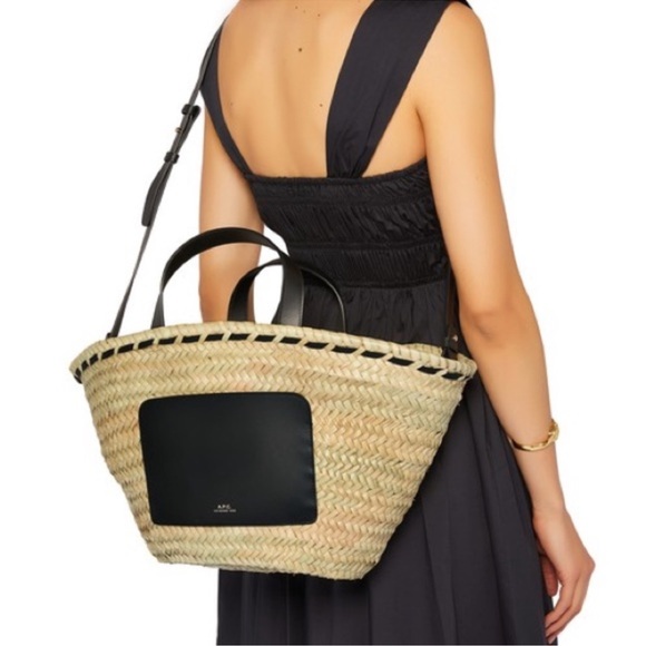 A.P.C. Zoe Bag NWT Beige & Black Basket Tote Straw Leather Market Beach Carryall - Picture 1 of 5